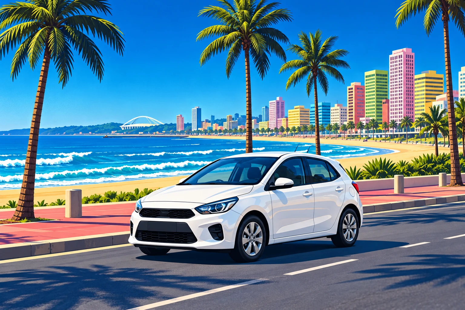 AI-generated illustration of an everyday white hatchback beside a colourful Durban-inspired beachfront